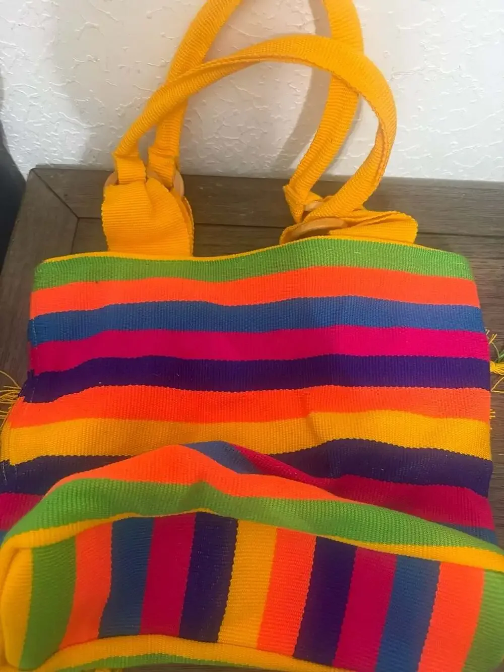 Colorful Colombian Woven Tote Bag Rainbow Stripe Boho Fringe Lined Shoulder Bag